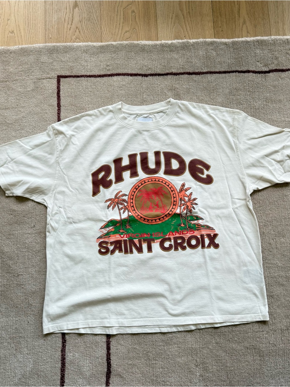 Rhude Cream Saint Croix Graphic Tee with Brown & Green Print